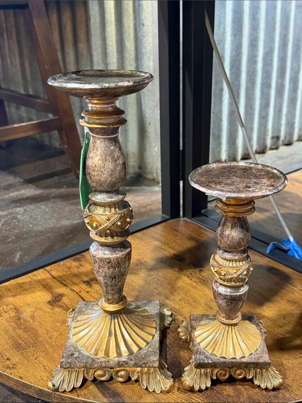 Antique-Style Gold and Brown Decorative Candle Holders - Pair